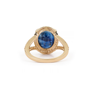 Nouvelle collection de bagues de mariage audacieuses en or jaune massif 14 carats avec halo de saphirs bleus et diamants, à tige fendue, design tendance - Product Image 6