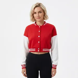 Veste courte en coton tricoté pour femme, style universitaire, color block, boutonnée, manches longues, pour l'hiver, décontractée - Product Image 1
