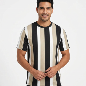 T-shirt à manches courtes rayé pour homme, col rond, coupe classique, tissu tissé, noir, blanc, beige, motif imprimé - Product Image 3