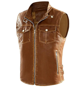 <b>Men's</b> Brown Leather Winter Breathable Moto <b>Vest</b> with Adjustable Waist Belt Turn-down Collar Regular Fit Outerwear - Product Image 2
