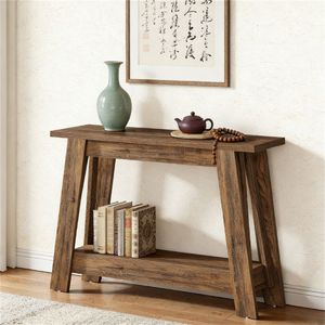 Consolle a doppio strato in stile rustico con ripiani aperti e spazio contenitore per ingresso, foyer o divano - Product Image 3