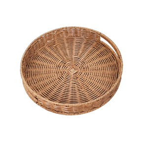 Plateau de service rond en rotin tressé à la main avec poignées, panier décoratif en osier pour le petit-déjeuner, les boissons, les fruits et les aliments, pour la cuisine - Product Image 1