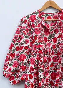 Elegante Vestido Mini Casual de Verano con Estampado Floral en Algodón, Manga Abullonada, Estilo Boho, Corte Holgado y Cuello con Lazos - Product Image 4