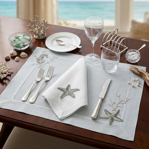 Sets de Nappes et Sets de Serviettes Personnalisés en Lin Gris Brodé de Luxe, Motifs Hippocampe et Étoile de Mer, Lavables et Réutilisables, Décoration Maison - Product Image 3