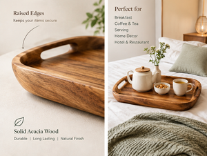 Plateau de service ovale moderne en bois d'acacia avec poignées, motif végétal, pour anniversaires, mariages, usage domestique, hôtelier et de restauration - Product Image 4