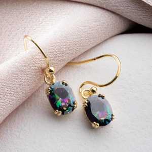 Mystic Topaz <b>Earrings</b> Oval Cut Rainbow CZ Gemstones 925 Sterling Silver 14K <b>Gold</b> Plated Iridescent Drop <b>Dangles</b> Anniversary Gift - Product Image 1