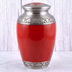 <b>Red</b> and Silver Floral Brass Adult Cremation Urn with glossy surface for Human Ashes, Funeral Memorial and Burial Urn - Product Image 1