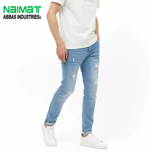 Vente en gros usine – Jean skinny déchiré bleu clair pour homme, coupe ajustée, en denim extensible, style streetwear décontracté - Product Image 1
