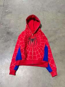 Sudadera con capucha personalizada con diseño de telaraña, estilo Y2K, oversize, para hombre y mujer, estilo urbano, hip hop, cosplay de superhéroe, color rojo. - Product Image 4
