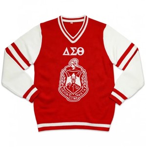 Pull en tricot d'hiver pour homme, col en V brodé Delta Sigma Theta, rouge et blanc, manches longues, style preppy, laine/acrylique épaisse - Product Image 1