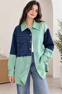 Women's Knitted Two-Tone Mint Green & <b>Indigo</b> Denim Jacket Breathable Oversized Colorblock Streetwear Shacket - Product Image 4