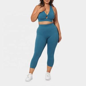 Women's Sports <b>Bra</b> Set With Knotted Front Design In <b>Blue</b> And Brown High Waisted Leggings And Shorts For Yoga Fitness Workout - Product Image 6
