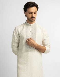 Salwar Kameez en coton pour homme, broderie géométrique, col montant, manches longues, longueur midi, style modeste, traditionnel indien, élégant - Product Image 5