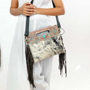 Newest Handmade Hair On Tooled Leather <b>Fringe</b> Purse Women Genuine Cowhide Leather Turquoise Cowgirl <b>Top</b> Handle Crossbody Bags - Product Image 2