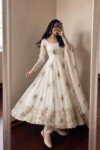 White Peacock Embroidered Silk Anarkali Suit With Dupatta Floor-Length Traditional Wedding Gown For Women India Pakistan Style - Product Image 3