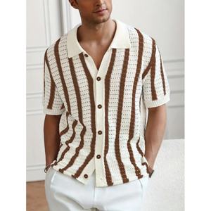 Pull tricoté décontracté à rayures pour homme, col polo, manches courtes, ajouré, avec logo personnalisé OEM - Product Image 1