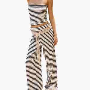 OEM ODM Service Casual Striped Daily Wear 2 Piece Loungewear <b>Set</b> Women Strapless Tube Crop Top Wide Leg Pants Summer Beach <b>Set</b> - Product Image 5