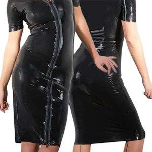 Vestido Maxi Ajustado de Látex Negro para Mujer, con Cierre Asimétrico, Manga Corta, para Fiesta - Product Image 4