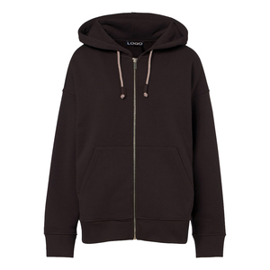 Sweat-shirt décontracté pour femme, marron, en mélange de coton, avec fermeture éclair, coupe ample, capuche à cordon de serrage, poche kangourou, poignets côtelés, OEM KCW - Product Image 3