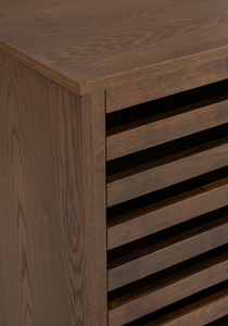 Walnut-finish wooden shoe rack cabinet with sliding slatted doors, perfect for minimalist entryways. - Product Image 4