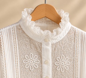 Women's <b>White</b> <b>Lace</b> Blouse With Ruffled Collar Balloon Sleeves Floral Embroidery Prairie Chic Style Loose Fit Full Sleeve - Product Image 6