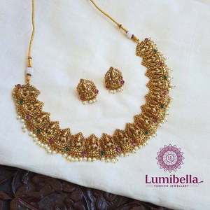 Nova Mart Khj2649 Temple Style Matte Antique Mix Choker Set Fine Bridal Wedding Jewelry Set Gold Plated Alloy Zircon Earrings - Product Image 3
