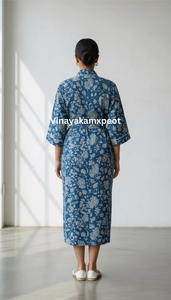 Flock Printed Indigo Knitted Cotton Kimono Robe Artisanal Floral Jaipuri Print Casual Loungewear Breathable Summer <b>Dressing</b> <b>Gown</b> - Product Image 6