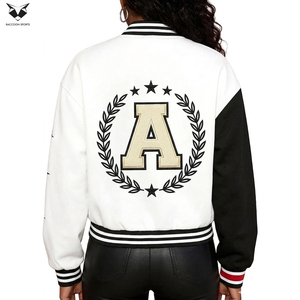 OEM ODM Women's Varsity <b>Jacket</b> Black White Contrast Color Full Sleeve Turn-down Collar Embroidered Letter A Logo Autumn Wear - Product Image 3