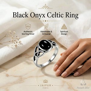 <b>Black</b> Onyx Celtic Knot Ring Sterling Silver Bezel Setting 14k Gold Plated <b>Rose</b> Gold Handmade Bohemian Style July Birthstone - Product Image 2