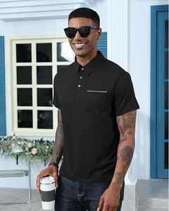 Chemise décontractée pour homme en coton tricoté noir uni à manches courtes, respirante, coupe classique, avec poche poitrine, idéale pour la pêche (ODM) - Product Image 5