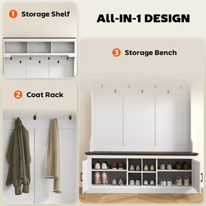 Appendiabiti 3-in-1 in Legno Bianco Effetto Venatura con Panca e Scarpiera, Mobile Ingresso con Ganci per Casa o Hotel - Product Image 4