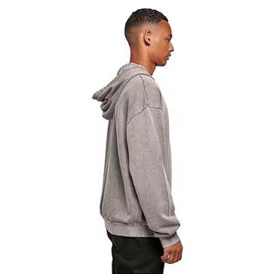 เสื้อฮู้ดดี้ผู้ชายสีเทาฟอกกรด ผ้าฝ้ายฟลีซ 100% สไตล์สตรีทแวร์ ซีดจางแบบซันเฟด เย็บสองชั้น ขาดแบบดีไซน์พิเศษ หนัก 300 กรัม - Product Image 4