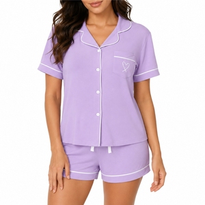Conjunto de Pijama para Mujer, Manga Larga, Estampado, con Bordado de Corazón, Botones al Frente, Popelina, Dos Piezas, Ropa de Dormir Informal de Verano - Product Image 1