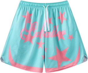 Shorts de basket-ball en maille pour femmes avec étoiles roses et imprimé lettres, taille à cordon de serrage, vêtements de sport d'été respirants, coupe régulière - Product Image 3