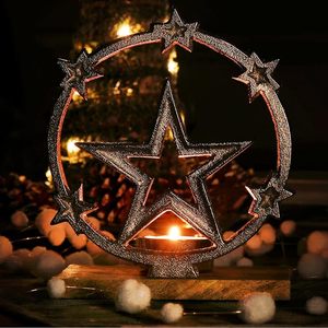 Aluminum Star <b>Tea</b> <b>Light</b> Holder with Silver Star Motif <b>Christmas</b> Candle Holder with Wooden Base <b>Christmas</b> Decoration Star - Product Image 3