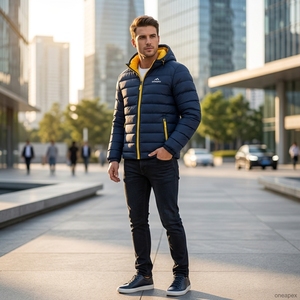 Men's Navy Blue With <b>Yellow</b> Zipper Hooded <b>Puffer</b> <b>Jacket</b> Warm Quilted Winter Outdoor Coat Lightweight Waterproof <b>Jacket</b> One Apex - Product Image 6