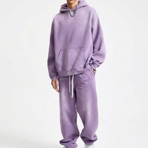 Men's Vintage <b>Purple</b> Hooded Acid Wash 2-in-1 Tracksuit Set Solid Color Full Sleeve Drawstring Sweatshirt Pants Regular Fit 100% - Product Image 1