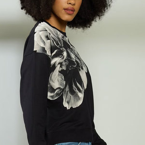 Women Solid Crewneck Sweatshirt with <b>Sequined</b> Flourish Freely Text <b>Black</b> Cotton Casual <b>Top</b> Embroidery - Product Image 3