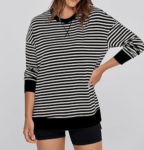 Pull en tricot à col rond rayé pour femme, manches longues, décontracté, pour le printemps, 100% coton, respirant, coupe classique - Product Image 1