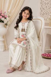 Ensemble Salwar Kameez en soie brodée florale beige, costume traditionnel indien pakistanais pour mariage, festival, enfants - Product Image 3