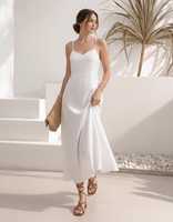 Robe longue en lin blanc pour femme, dos nu, à lacets, sans manches, coupe trapèze, pour l'été, les vacances et les loisirs, couleur unie, naturelle, douce, lavable