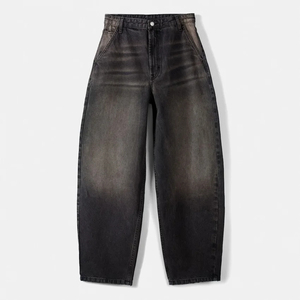 Jean décontracté unisexe à jambe large, coupe droite, délavé moyen, taille mi-haute, en denim tricoté, style streetwear, vente en gros OEM ODM - Product Image 3