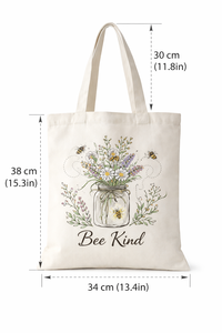 Eco Friendly Cotton <b>Canvas</b> <b>Tote</b> Bag With Floral Bee Print Reusable Shopping Grocery Carry Bag With Long Handle - Product Image 4