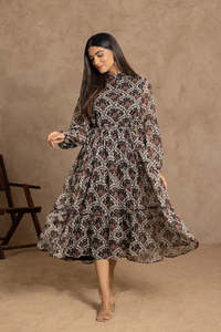 Robe longue en mousseline à imprimé floral et col montant, avec manches lanternes, coupe trapèze ample, style bohème, robe décontractée d'automne, magnifique robe - Product Image 2