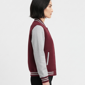 OEM Hot Trending <b>Women's</b> Maroon Color Block Varsity Jacket Gray Sleeves Stand Collar Button Front Autumn Streetwear <b>Coat</b> - Product Image 2