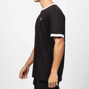 T-shirt à manches courtes pour homme, noir uni, col rond, avec bordure contrastée blanche, style décontracté, tissu jersey 100% coton - Product Image 2