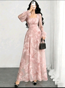 Woman's Floral Maxi <b>Dress</b> Full Sleeves <b>Dress</b> Square Neck A Line Long <b>Dress</b> for Party Holiday - Product Image 5
