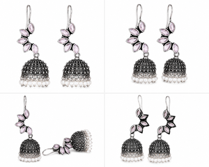 Vintage Oxidized <b>Silver</b> Pink Marquise Stone Pearl Jhumka <b>Earrings</b> for Women | Handmade Boho Ethnic Indian Statement Jewelry - Product Image 4