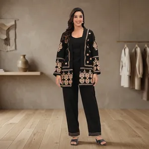 Ensemble 3 pièces en coton noir brodé pour femmes, manches longues, coupe ample, décontracté, à porter toute l'année - Product Image 5