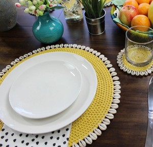 Coastal Style Woven Rattan <b>Placemat</b> <b>Round</b> Tablemat Non Slip Straw Coaster Heat Insulation Hot Pad Yellow Shell Home Dining Deco - Product Image 3
